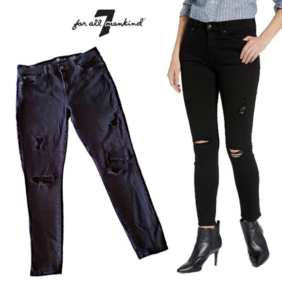 7 For All Mankind Denim - 7 For All Mankind Ankle Gwenevere Black Super Ripped Grunge Skinny Jeans 28